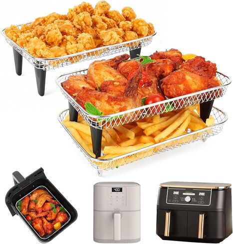 BYKITCHEN Air Fryer Rack Compatible with Ninja 10 QT DZ550/ DZ401/ SL401 DualZone Airfryer/Bella 6QT Slim Airfryer&More, 3pcs Stackable Stainless Steel Rack with Silicone Feet, Air Fryer Accessories in Saudi Arabia