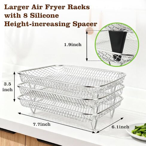 BYKITCHEN Air Fryer Rack Compatible with Ninja 10 QT DZ550/ DZ401/ SL401 DualZone Airfryer/Bella 6QT Slim Airfryer&More, 3pcs Stackable Stainless Steel Rack with Silicone Feet, Air Fryer Accessories in Saudi Arabia