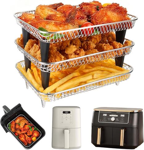BYKITCHEN Air Fryer Rack Compatible with Ninja 10 QT DZ550/ DZ401/ SL401 DualZone Airfryer/Bella 6QT Slim Airfryer&More, 3pcs Stackable Stainless Steel Rack with Silicone Feet, Air Fryer Accessories in Saudi Arabia