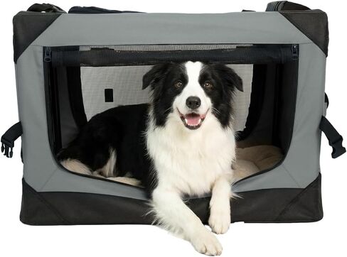 36 Inch Soft Collapsible Crate for Large Dogs, 4-Door Portable Foldable Soft Kennel with Chew Proof Mesh Windows for Indoor & Outdoor Travel Grey in Kuwait
