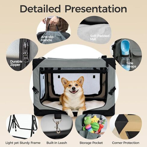 36 Inch Soft Collapsible Crate for Large Dogs, 4-Door Portable Foldable Soft Kennel with Chew Proof Mesh Windows for Indoor & Outdoor Travel Grey in Kuwait