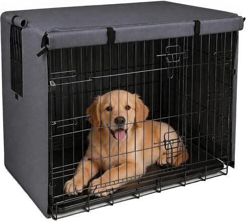 Pawise Dog Crate Cover,Heavy Duty Polyester Dog Kennel Cover for Wire Crates,Windproof & Waterproof Sunshade with Double Door & Roll-Up Windows, Machine Washable,Indoor & Outdoor Use(Grey, 24inch) in Kuwait