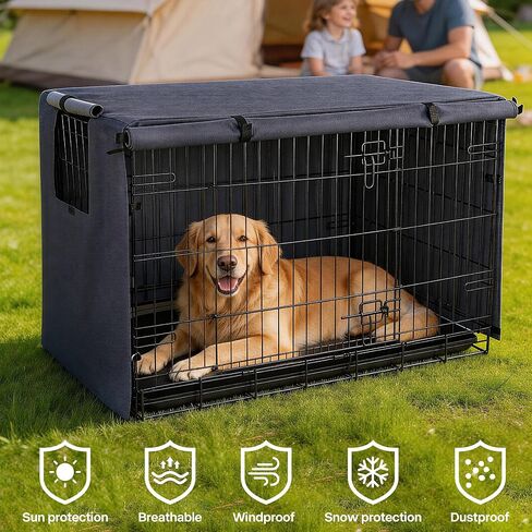 Pawise Dog Crate Cover,Heavy Duty Polyester Dog Kennel Cover for Wire Crates,Windproof & Waterproof Sunshade with Double Door & Roll-Up Windows, Machine Washable,Indoor & Outdoor Use(Grey, 24inch) in Kuwait