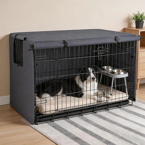 Pawise Dog Crate Cover,Heavy Duty Polyester Dog Kennel Cover for Wire Crates,Windproof & Waterproof Sunshade with Double Door & Roll-Up Windows, Machine Washable,Indoor & Outdoor Use(Grey, 24inch) in Kuwait