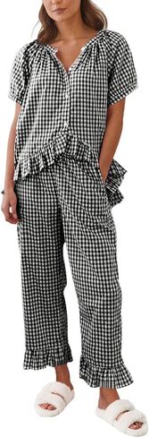 Gihuo Gingham Pajama Set for Women Pjs Plaid Ruffle Top and Pants Lounge Sleepwear in Saudi Arabia