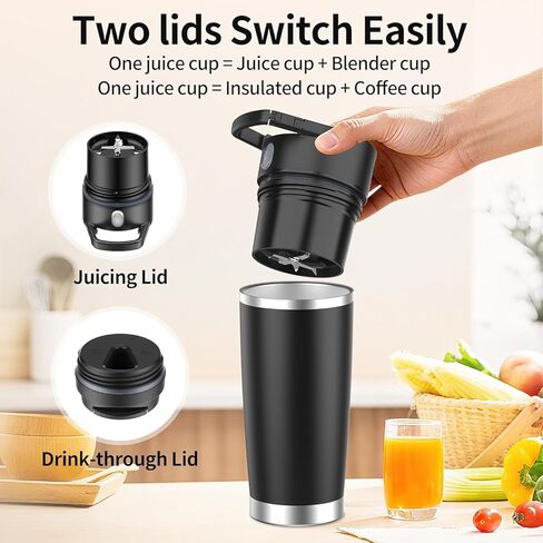 Portable Personal Blender 20oz Vacuum Cup Cordless Blende for 120 Watt Rechargeable Personal Size blender With Stainless Steel Bottle Ideal For-Shakes and Smoothies, BPA Free (Black） in Saudi Arabia
