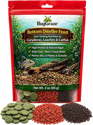 BugGraze Bottom Dweller Feast 3 في 1 كريات ورقائق وحبيبات للكوريدوراس والبليكو واللوش - نظام غذائي كامل لأسماك حوض السمك - تغذية نظيفة، مزيج عالي من البروتين والطحالب - 3 أونصة in Kuwait