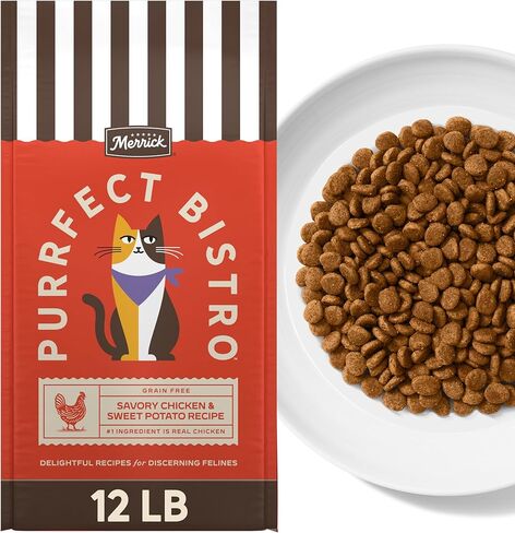 Merrick Purrfect Bistro وصفة الدجاج والبطاطا الحلوة الخالية من الحبوب، طعام القطط الجاف الطبيعي للقطط البالغة، عالي البروتين، طعام القطط الخارجي أو الداخلي - حقيبة 12 رطل in Kuwait