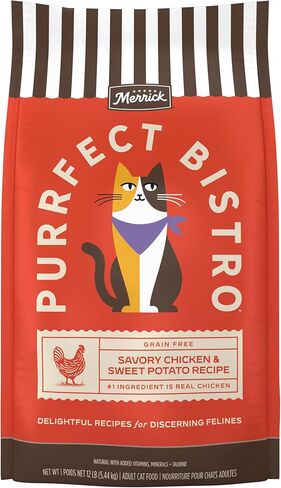 Merrick Purrfect Bistro وصفة الدجاج والبطاطا الحلوة الخالية من الحبوب، طعام القطط الجاف الطبيعي للقطط البالغة، عالي البروتين، طعام القطط الخارجي أو الداخلي - حقيبة 12 رطل in Kuwait