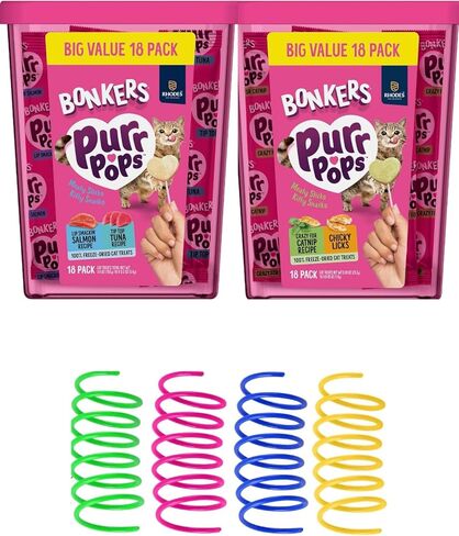 Bonkers Purrpops Freeze-Dried Cat Treats, 2-18 Pack Variety Bundle with Salmon & Tuna, Catnip & Chicken Flavors, Plus 4 Cat Spring Toys in Kuwait