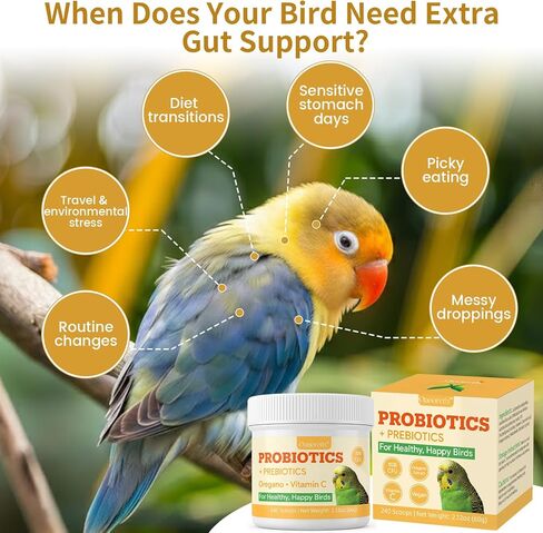 Bird Probiotic Powder for Gut Balance, Digestive & Immune Support – 10 Billion CFU Probiotic + Prebiotic with Vitamin C & Oregano – Molting & Stress Support for All Birds - Parakeet Parrot Cockatiel in Kuwait