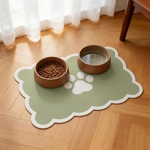 Absorbent Pet Food Mat, Scalloped Edge Dog Cat Bowl Mat with Rubber Backing, Quick-Dry Leather Feeding Mat for Messy Drinkers, 12" x 20", Sage Green in Kuwait