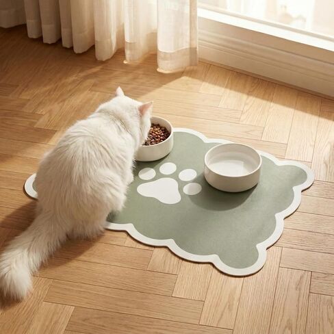 Absorbent Pet Food Mat, Scalloped Edge Dog Cat Bowl Mat with Rubber Backing, Quick-Dry Leather Feeding Mat for Messy Drinkers, 12" x 20", Sage Green in Kuwait
