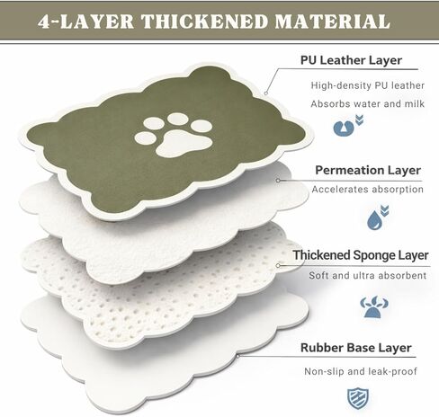 Absorbent Pet Food Mat, Scalloped Edge Dog Cat Bowl Mat with Rubber Backing, Quick-Dry Leather Feeding Mat for Messy Drinkers, 12" x 20", Sage Green in Kuwait