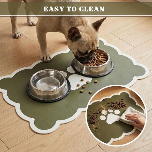 Absorbent Pet Food Mat, Scalloped Edge Dog Cat Bowl Mat with Rubber Backing, Quick-Dry Leather Feeding Mat for Messy Drinkers, 12" x 20", Sage Green in Kuwait