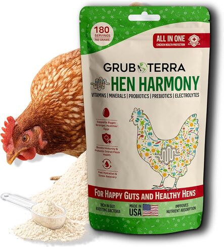 GrubTerra Hen Harmony - إلكتروليتات الدجاج الكل في واحد للمياه مع البروبيوتيك والبريبايوتكس، مكملات الأمعاء اليومية والفيتامينات التي تدعم الترطيب والهضم وإنتاج البيض - 180 حصة in Kuwait