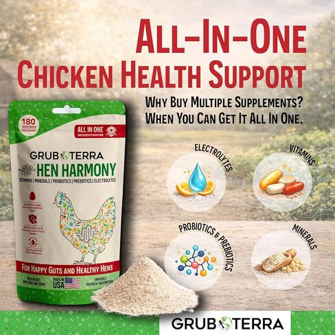 GrubTerra Hen Harmony - إلكتروليتات الدجاج الكل في واحد للمياه مع البروبيوتيك والبريبايوتكس، مكملات الأمعاء اليومية والفيتامينات التي تدعم الترطيب والهضم وإنتاج البيض - 180 حصة in Kuwait