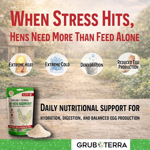 GrubTerra Hen Harmony - إلكتروليتات الدجاج الكل في واحد للمياه مع البروبيوتيك والبريبايوتكس، مكملات الأمعاء اليومية والفيتامينات التي تدعم الترطيب والهضم وإنتاج البيض - 180 حصة in Kuwait