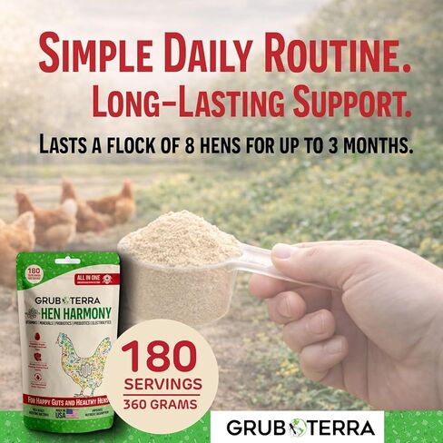 GrubTerra Hen Harmony - إلكتروليتات الدجاج الكل في واحد للمياه مع البروبيوتيك والبريبايوتكس، مكملات الأمعاء اليومية والفيتامينات التي تدعم الترطيب والهضم وإنتاج البيض - 180 حصة in Kuwait