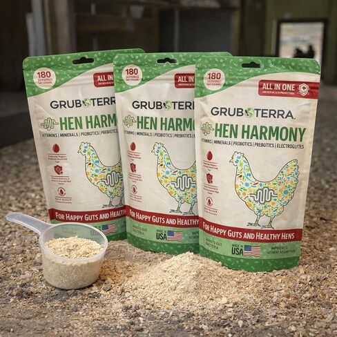 GrubTerra Hen Harmony - إلكتروليتات الدجاج الكل في واحد للمياه مع البروبيوتيك والبريبايوتكس، مكملات الأمعاء اليومية والفيتامينات التي تدعم الترطيب والهضم وإنتاج البيض - 180 حصة in Kuwait