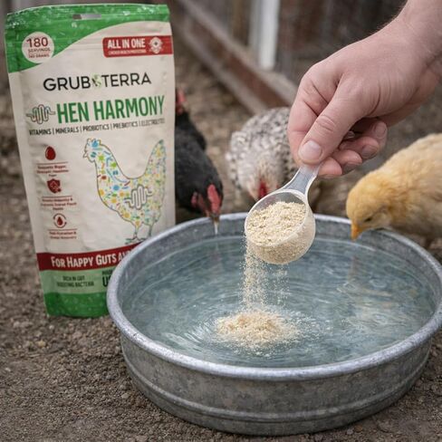 GrubTerra Hen Harmony - إلكتروليتات الدجاج الكل في واحد للمياه مع البروبيوتيك والبريبايوتكس، مكملات الأمعاء اليومية والفيتامينات التي تدعم الترطيب والهضم وإنتاج البيض - 180 حصة in Kuwait