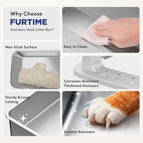 صندوق فضلات القطط من الفولاذ المقاوم للصدأ مع غطاء من FURTIME مكون من قطعتين، صندوق فضلات معدني للقطط الصغيرة، صناديق فضلات القطط غير لزجة، مضادة للتسرب، سهلة التنظيف، 17 بوصة × 13 بوصة × 8.4 بوصة (صغير) in Kuwait