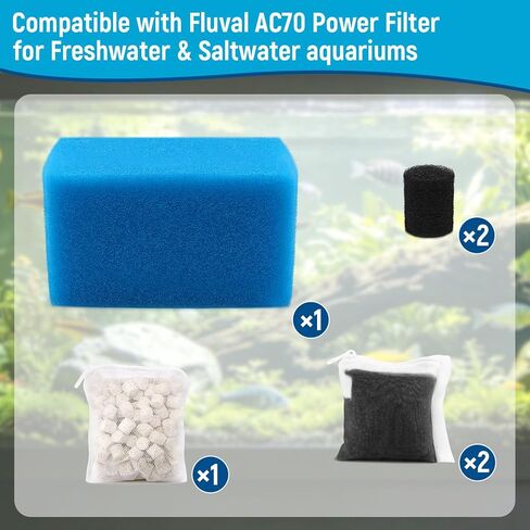 Big Peng AC70 Aquarium Filter Media Maintenance Kit Compatible with Aquaclear Fluval AC70 Power Filters, Includes 1 Blue Foam, 2 Activated Carbon, 1 BioMax Pellets, 2 Intake Strainer Sponge in Kuwait