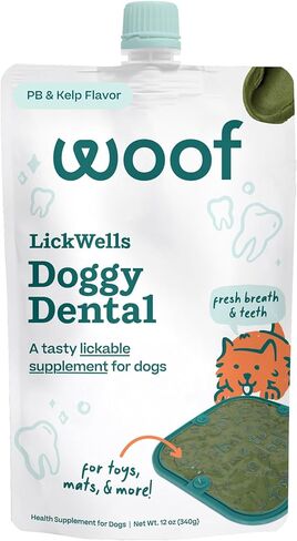 WOOF LickWells Doggy Dental - مكمل تنظيف الأسنان ومعطر التنفس لـ FlipMat وLickMat - علاجات الكلاب القابلة للعصر بعد الحيوية لدعم صحة الفم للكلاب - 12 أونصة PB ونكهة عشب البحر. in Kuwait