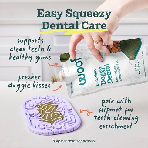 WOOF LickWells Doggy Dental - مكمل تنظيف الأسنان ومعطر التنفس لـ FlipMat وLickMat - علاجات الكلاب القابلة للعصر بعد الحيوية لدعم صحة الفم للكلاب - 12 أونصة PB ونكهة عشب البحر. in Kuwait