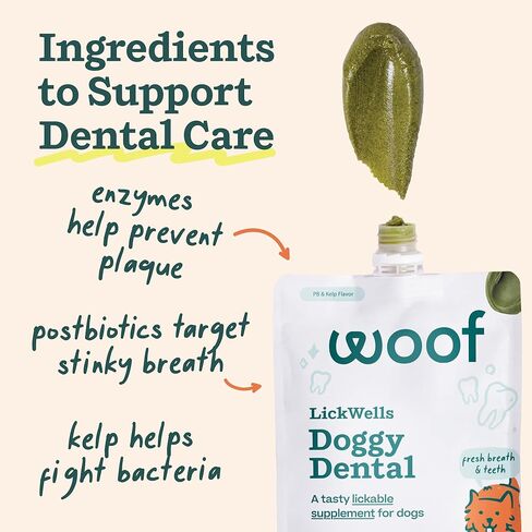 WOOF LickWells Doggy Dental - مكمل تنظيف الأسنان ومعطر التنفس لـ FlipMat وLickMat - علاجات الكلاب القابلة للعصر بعد الحيوية لدعم صحة الفم للكلاب - 12 أونصة PB ونكهة عشب البحر. in Kuwait