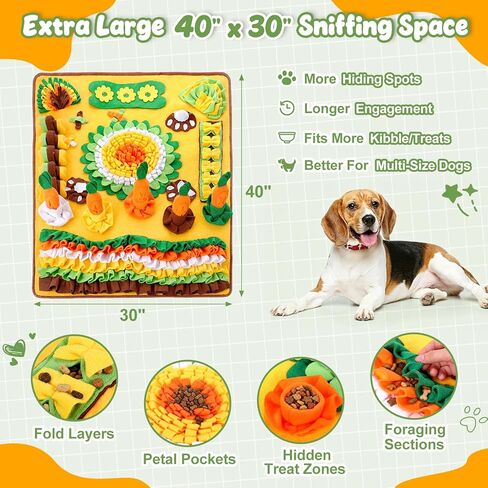 Hsei Large Snuffle Mat for Dogs Set 40'' x 30'' Colorful Nosework Feeding Mat with 5 Squeaky Carrots Cotton and 1 Cotton Rope Toy Interactive Foraging Puzzle for Stress Relief Slow Feeding in Kuwait