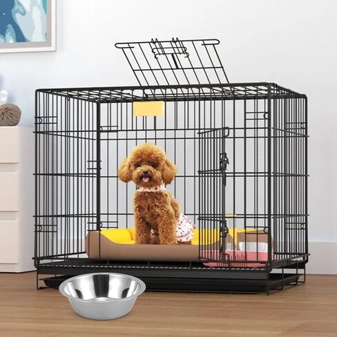 Homoyoyo Hanging Stainless Steel Pet Food Bowl Portable Wear-Resistant Cat Dog Feeder Medium Size with Black Mount for Crate Cage Feeding in Kuwait