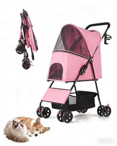 Pet Stroller for Small Medium Dogs Cats - Lightweight 10lbs Foldable Dog Stroller, Breathable Mesh & Safety Tether, 33lbs Capacity with Locking Wheels, Storage Basket for Outdoor Walks in Kuwait