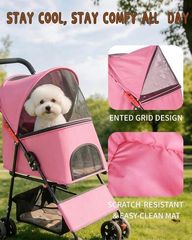 Pet Stroller for Small Medium Dogs Cats - Lightweight 10lbs Foldable Dog Stroller, Breathable Mesh & Safety Tether, 33lbs Capacity with Locking Wheels, Storage Basket for Outdoor Walks in Kuwait