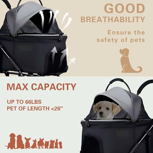 Pet Stroller for Small Dogs with Removable Carrier, Dog Stroller for Medium Dog 20 lbs, 4 Wheels Cats Stroller for 2 Cats with Cup Holder, Easy Assembly, 20-66 lbs Weight Capacity (Grey) in Kuwait