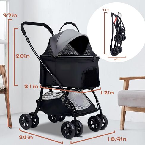 Pet Stroller for Small Dogs with Removable Carrier, Dog Stroller for Medium Dog 20 lbs, 4 Wheels Cats Stroller for 2 Cats with Cup Holder, Easy Assembly, 20-66 lbs Weight Capacity (Grey) in Kuwait