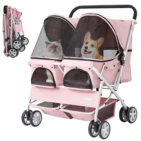 Double Pet Stroller for 2 Small Dogs & Cats, Side-by-Side Twin Travel Carriage with Safety Leashes, Mesh Windows & Double Storage Baskets, Lightweight & Foldable, 44lbs Capacity, Pink in Saudi Arabia