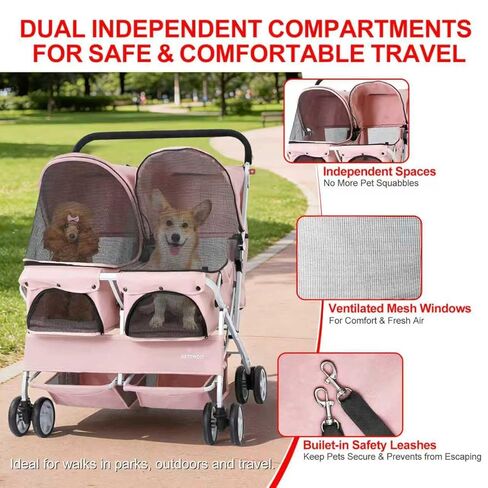 Double Pet Stroller for 2 Small Dogs & Cats, Side-by-Side Twin Travel Carriage with Safety Leashes, Mesh Windows & Double Storage Baskets, Lightweight & Foldable, 44lbs Capacity, Pink in Saudi Arabia