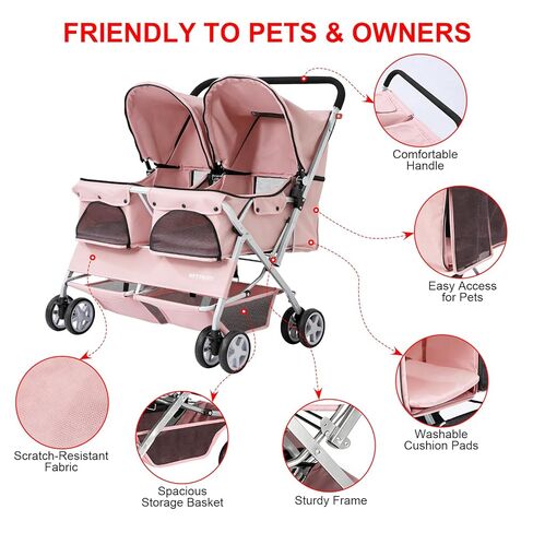 Double Pet Stroller for 2 Small Dogs & Cats, Side-by-Side Twin Travel Carriage with Safety Leashes, Mesh Windows & Double Storage Baskets, Lightweight & Foldable, 44lbs Capacity, Pink in Saudi Arabia