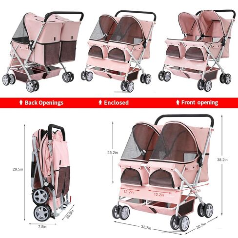Double Pet Stroller for 2 Small Dogs & Cats, Side-by-Side Twin Travel Carriage with Safety Leashes, Mesh Windows & Double Storage Baskets, Lightweight & Foldable, 44lbs Capacity, Pink in Saudi Arabia