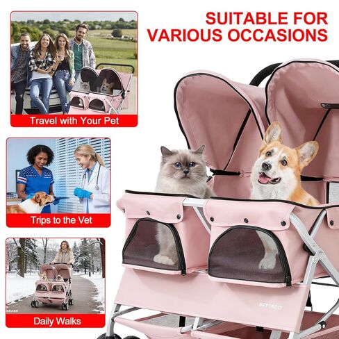 Double Pet Stroller for 2 Small Dogs & Cats, Side-by-Side Twin Travel Carriage with Safety Leashes, Mesh Windows & Double Storage Baskets, Lightweight & Foldable, 44lbs Capacity, Pink in Saudi Arabia