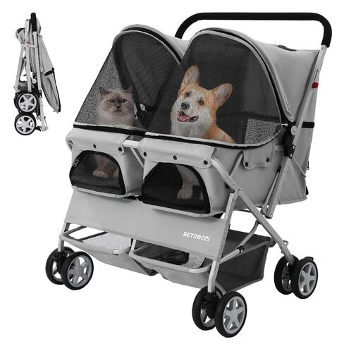 Double Pet Stroller for 2 Small Dogs & Cats, Side-by-Side Twin Travel Carriage with Safety Leashes, Mesh Windows & Double Storage Baskets, Lightweight & Foldable, 44lbs Capacity, Pink in Saudi Arabia