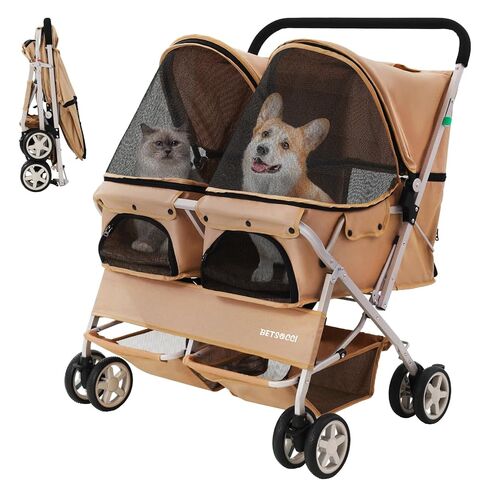 Double Pet Stroller for 2 Small Dogs & Cats, Side-by-Side Twin Travel Carriage with Safety Leashes, Mesh Windows & Double Storage Baskets, Lightweight & Foldable, 44lbs Capacity, Pink in Saudi Arabia
