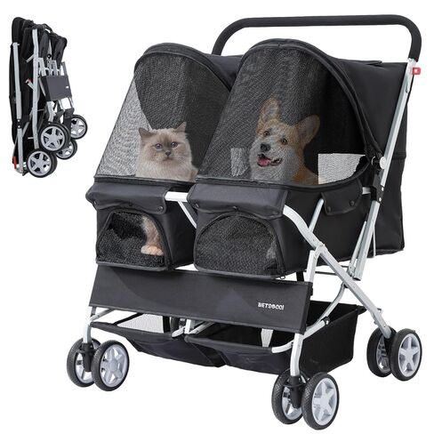 Double Pet Stroller for 2 Small Dogs & Cats, Side-by-Side Twin Travel Carriage with Safety Leashes, Mesh Windows & Double Storage Baskets, Lightweight & Foldable, 44lbs Capacity, Pink in Saudi Arabia