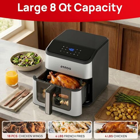 Air Fryer Pro 8 Qt, 8-in-1 Air Fryer with Viewing Window, 360° Rapid Air, 1500W, 80% Less Oil, Nonstick Dishwasher-Safe Basket, PFAS & Teflon-Free, 180°F-400°F, Recipe Book, Black in Kuwait