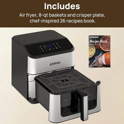 Air Fryer Pro 8 Qt, 8-in-1 Air Fryer with Viewing Window, 360° Rapid Air, 1500W, 80% Less Oil, Nonstick Dishwasher-Safe Basket, PFAS & Teflon-Free, 180°F-400°F, Recipe Book, Black in Kuwait