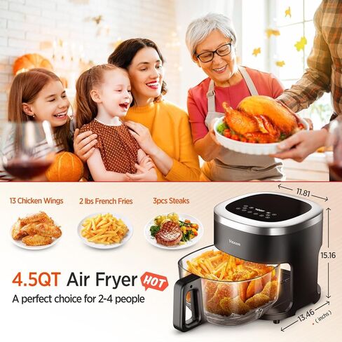 مقلاة هوائية Vexon 4.5QT، طباخ هواء ساخن مدمج بقدرة 1200 واط مع نافذة مرئية، سلة غير لاصقة، شاشة لمس رقمية، فرن مقلاة هواء كهربائي بدون زيت للطهي الصحي (أسود) in Kuwait