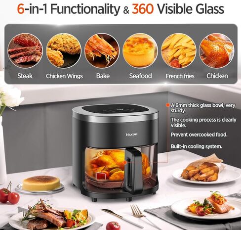 مقلاة هوائية Vexon 4.5QT، طباخ هواء ساخن مدمج بقدرة 1200 واط مع نافذة مرئية، سلة غير لاصقة، شاشة لمس رقمية، فرن مقلاة هواء كهربائي بدون زيت للطهي الصحي (أسود) in Kuwait