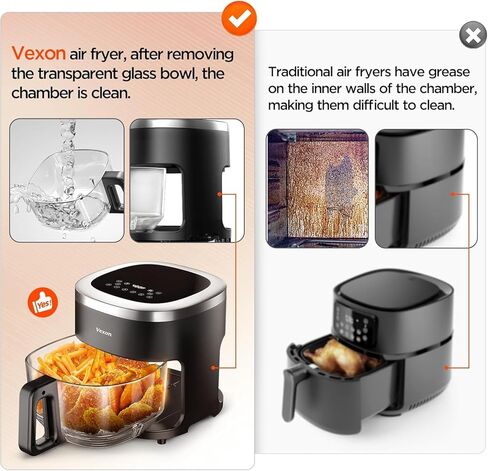 مقلاة هوائية Vexon 4.5QT، طباخ هواء ساخن مدمج بقدرة 1200 واط مع نافذة مرئية، سلة غير لاصقة، شاشة لمس رقمية، فرن مقلاة هواء كهربائي بدون زيت للطهي الصحي (أسود) in Kuwait