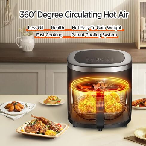 مقلاة هوائية Vexon 4.5QT، طباخ هواء ساخن مدمج بقدرة 1200 واط مع نافذة مرئية، سلة غير لاصقة، شاشة لمس رقمية، فرن مقلاة هواء كهربائي بدون زيت للطهي الصحي (أسود) in Kuwait